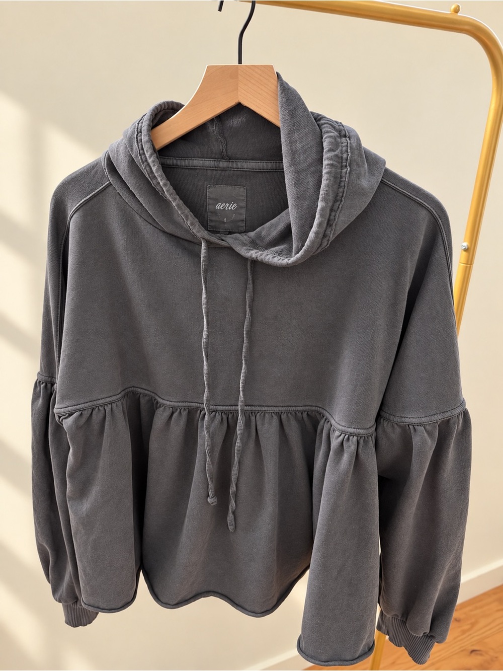 Aerie Charcoal Peplum Pullover Hoodie — Size Small